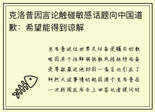 克洛普因言论触碰敏感话题向中国道歉：希望能得到谅解